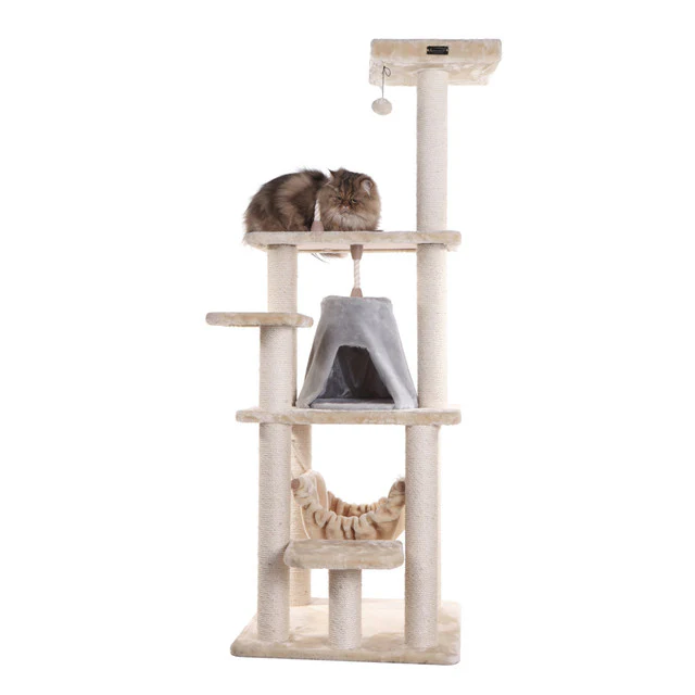 Armarkat 65" Real Wood Cat Tree with Sisal Rope, Hammock and Soft-side Playhouse